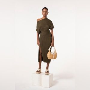 Cult Gaia Green “Naunet” Knit Dress with Cotton Rib Asymmetric Neckline sz S